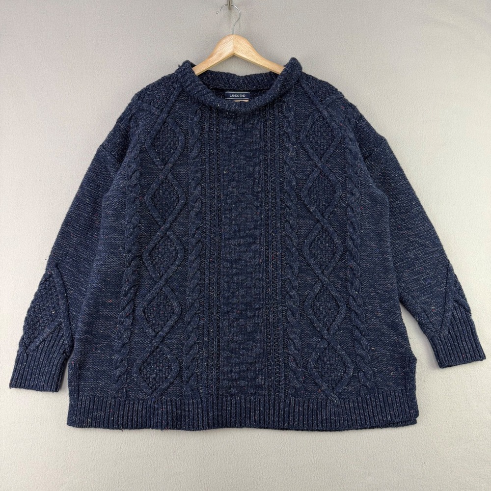 Lands' End Cable Knit Fisherman Sweater Women 1X Blue Drifter Tunic Wool Flecked